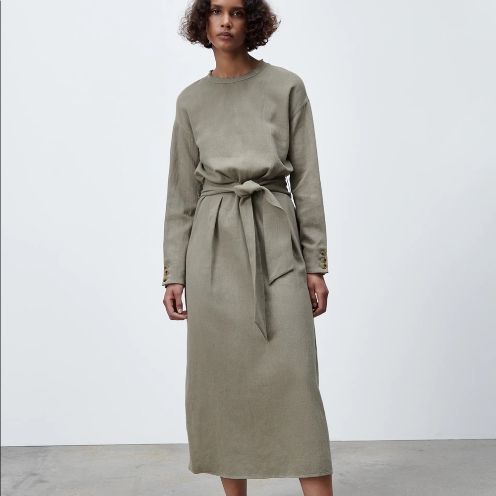 Linen Blend Tie-Waist Long Sleeve Maxi Dress